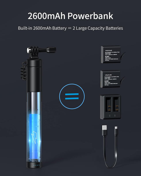 WOLFANG GB2200 2600mAh Travel(24-60CM) Rechargeable Selfie Stick with Rechargeable Battery, Selfie Stick Black Rotation