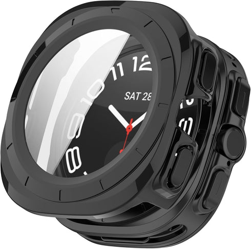 E ECSEM Waterproof Hard Case for Samsung Galaxy Watch 7 Ultra, Ultra-Thin Tough Cover with Tempered Glass - Black