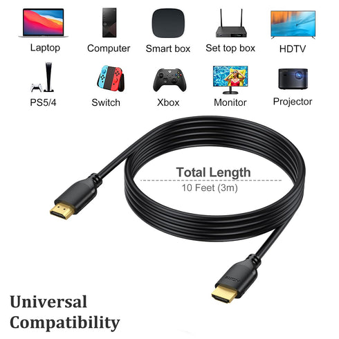 4K 10FT 5-Pack, 10 4K@60Hz, 2K 1440P@144Hz, 1080P, 2.2, 3D, PS5, PS4, HDMI Cable HDMI Cord Foot High Speed HDMI to HDMI