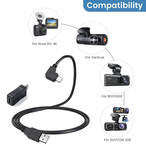 R2-4K, 11.5 USB C Dash Cam Cable for Rove ft Power Cord for REDTIGER Car Dashboard Camera, with Mini USB Adapter