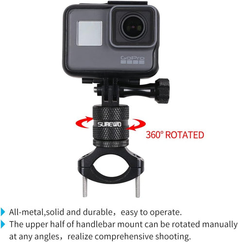SUREWO Bike Mount for GoPro Hero 12/11/10/9/8/7/6/5 Black,GoPro Max,Camera Aluminum Bicycle Motorcycle Handlebar Mount Compatible with DJI Osmo Action 2,Xiaomi YI,Crosstour and Most Action Cameras
