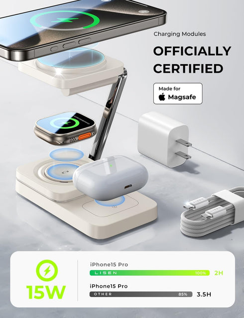 LISEN iPhone Charging Station for Magsafe Charger Stand, 3 in 1 Charging Station for Apple 15W, Fits iPhone 16/15/14