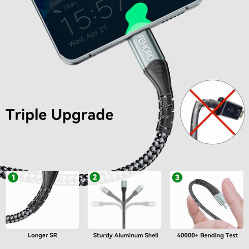 FEMORO 6ft Micro USB Cable, USB Type A to Micro USB 2.0 Charger Cables for Data Transfer & Charging, Braided Compatible