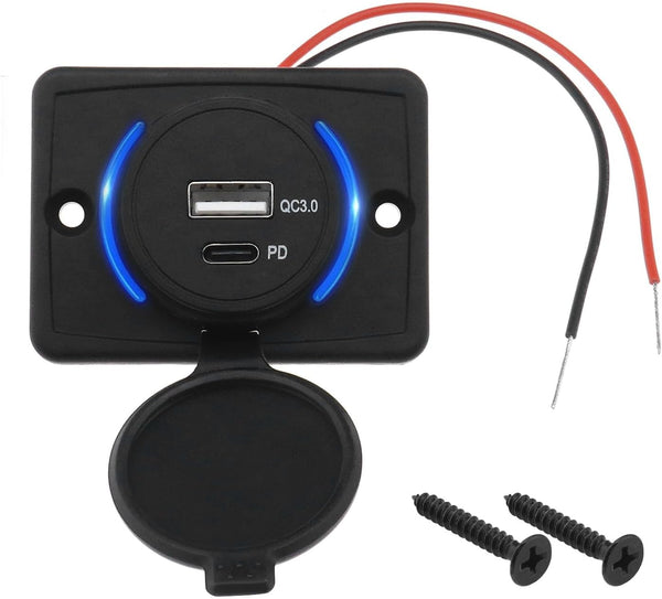 Dual Port QC3.0 USB & PD Type C Car Charger Socket Power Outlet, 12-24V 18W Quick Charge Panel with Dustproof Cap for