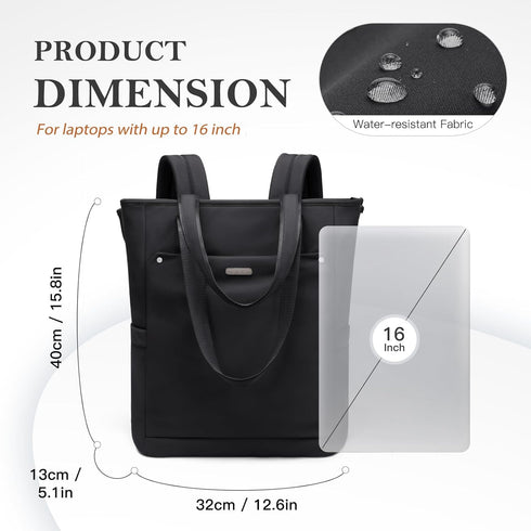 Backpack Backpack Leisure,16 Inch,Black Convertible Laptop for Women Men Carry on Tote Teacher Bookbag for College Work