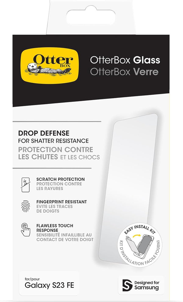 OtterBox Galaxy S23 FE Glass Screen Protector: scratch protection, fingerprint resistant, flawless clarity.