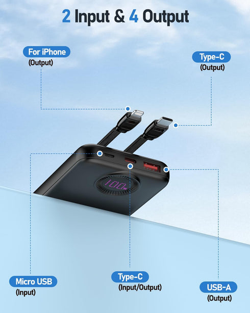 GrnOas.E Bank,10000mAh 22.5W Cables4 2 Powerbank,5V/3A Power Max Portable Charger Built in Outputs Inputs External