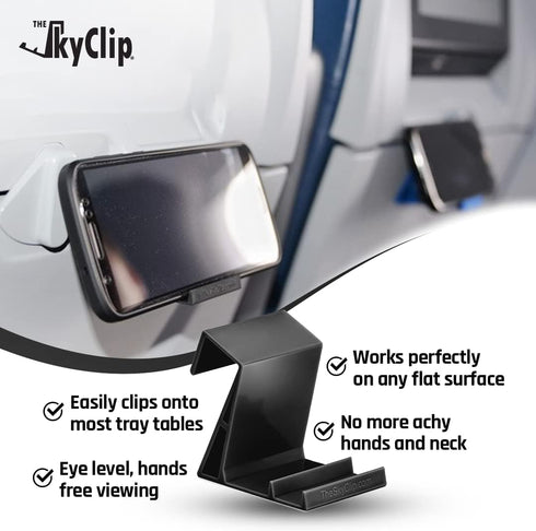 Airplane Cell Phone Back of Seat Inflight Tray Table Clip & Sturdy Phone Stand, Travel Must Have (Black 2 Pack)