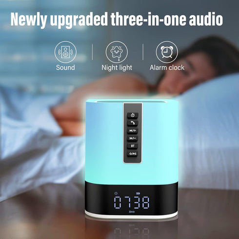 Night Light Bluetooth Speaker, HD Stereo Sound, Wireless Alarm Clock with Multicolor Changing Bedside Lamp