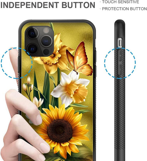 iPhone 11 Pro Max Case Compatible, Butterfly Golden Sunflower Pattern Design Hard PC Back Cover, Non-Slip TPU for Women