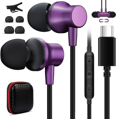 USB C Headphones with Mic, Wired Earbuds for Galaxy S24 S23 FE S22 S21 iPhone 15, Magnetic Noise Canceling in-Ear