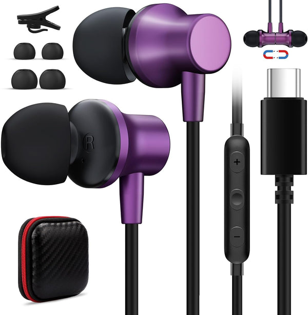 USB C Headphones with Mic, Wired Earbuds for Galaxy S24 S23 FE S22 S21 iPhone 15, Magnetic Noise Canceling in-Ear