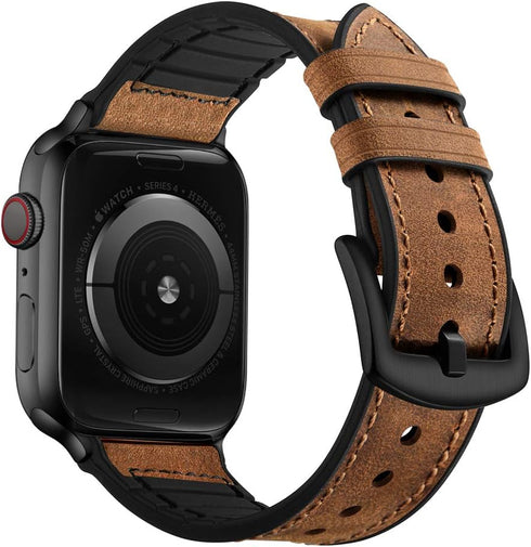 OUHENG Compatible Apple Watch Band 42mm 41mm 40mm 38mm, Sweatproof Genuine Leather and Rubber Hybrid Strap - Brown/Black