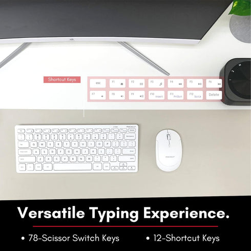Macally Small Wireless Keyboard and Mouse Combo, Essential Work Duo, 2.4G White Keyboard and Mouse Wireless, 78 Key