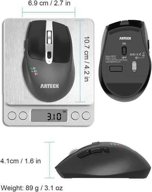 Arteck Multi-Device Wireless Bluetooth Mouse, Ergonomic Silent Clicking, Rechargeable Battery for Desktop PC, Laptop,