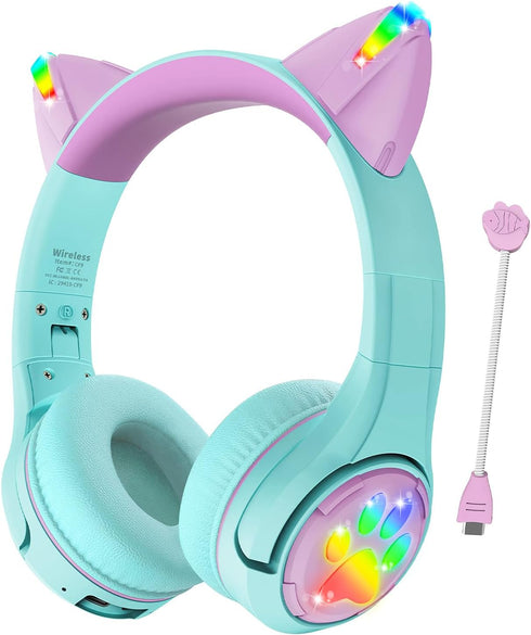 Riwbox CF9 Cat Ear Kids Bluetooth Headphones with LED Light, Safe 85dB Volume Limit, Built-in Mic for Calls (Green)
