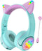 Riwbox CF9 Cat Ear Kids Bluetooth Headphones with LED Light, Safe 85dB Volume Limit, Built-in Mic for Calls (Green)