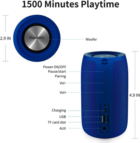 MusiBaby Bluetooth Speaker, Waterproof Portable Outdoor Speaker, Dual Pairing, Loud Stereo, 1500 Mins Playtime for