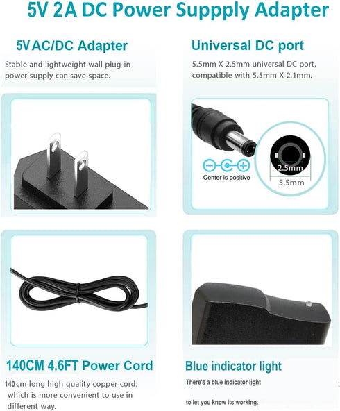 5V 2A 10W DC Power Supply Adapter, 100V-240V AC to DC 5 Volt with 5 Sizes Tips for Security Cameras
