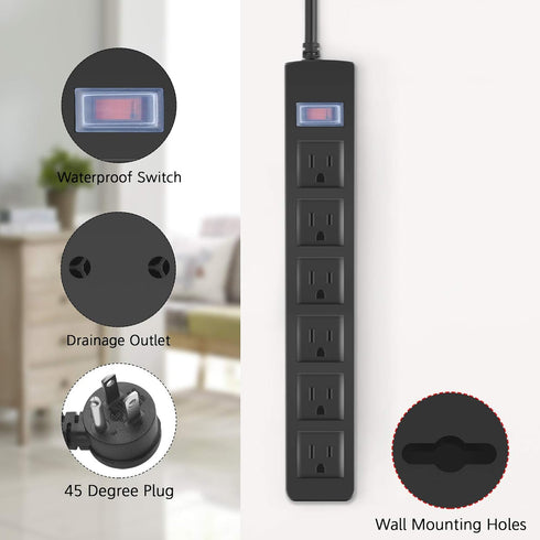 Outdoor Power Strip Waterproof, 6 Outlets, Garden Weatherproof Surge Protector, 6FT Extension Cord, Black