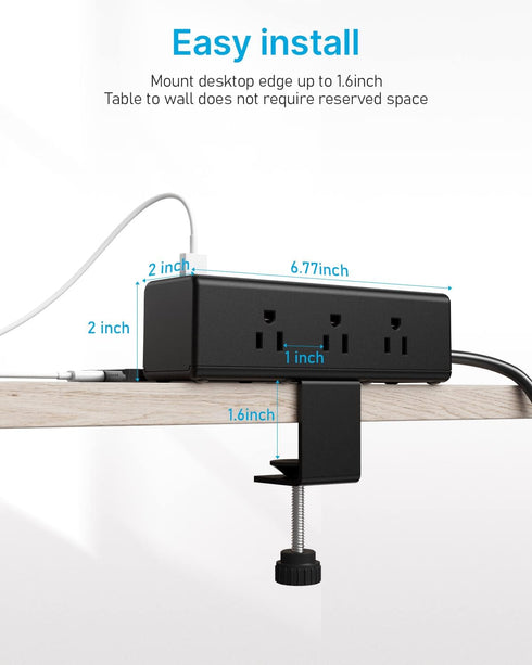 CCCEI 9 45W 4 1.6 inch Desk Clamp Power Strip with Outlets, Desktop Edge Mount Surge Protector with USB-A and USB-C