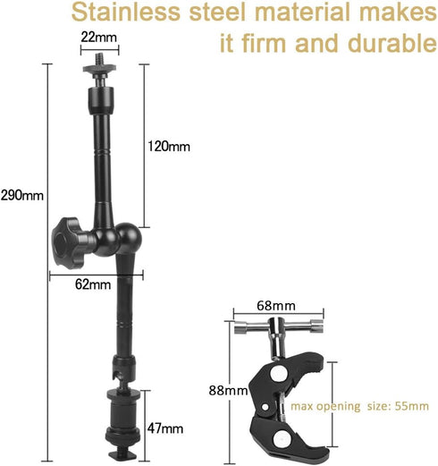 KAGYOKU 11" Articulating Magic Friction Arm with Large Super Crab Clamp Mount Clip Pliers for DSLR Camera Monitor LED