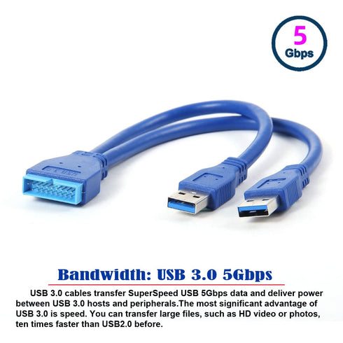 JSER Dual Port USB 3.0 A Male to 20 Pin Male Motherboard Extension Cable Adapter, 5Gbps