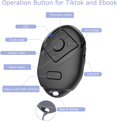 TikTok Remote Control for Android Smartphone (2 Pack), Page Turner for Kindle App, Bluetooth TIK Tok Video Scrolling Remote for Samsung, Motorola, Google Pixel, Oneplus with Adjustable Hand Strap.