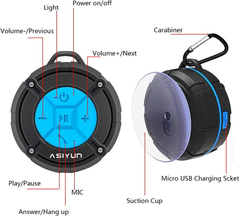 IPX7 Waterproof Shower Speaker - Bluetooth Speaker with Loud HD Sound, Portable with Suction Cup & Hook, Blue