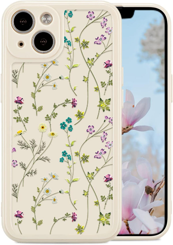 RALEAVO Floral Case for iPhone 13, Cute Flower Branch Pattern Design, Slim Thin Soft Silicone Shockproof Anti-slip