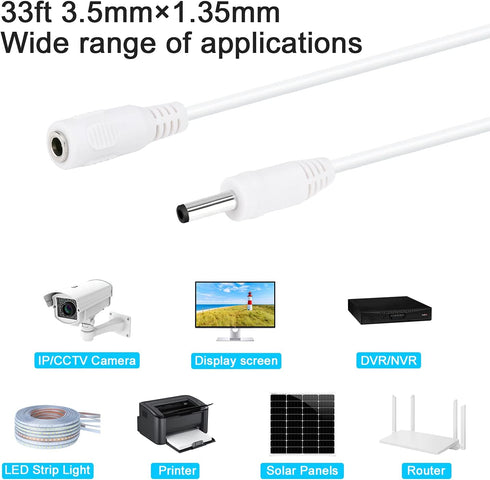 DC Power Extension Cable 33ft, 1.35mm x 3.5mm for 5V DC Adapter Cord, CCTV Security Camera, IP Camera