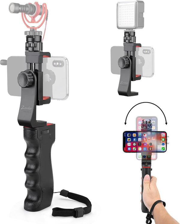 Zeadio Smartphone Stabilizer, Vlogging Hand Grip Video Holder Rig with Clamp Mount for iPhone and Android Phones