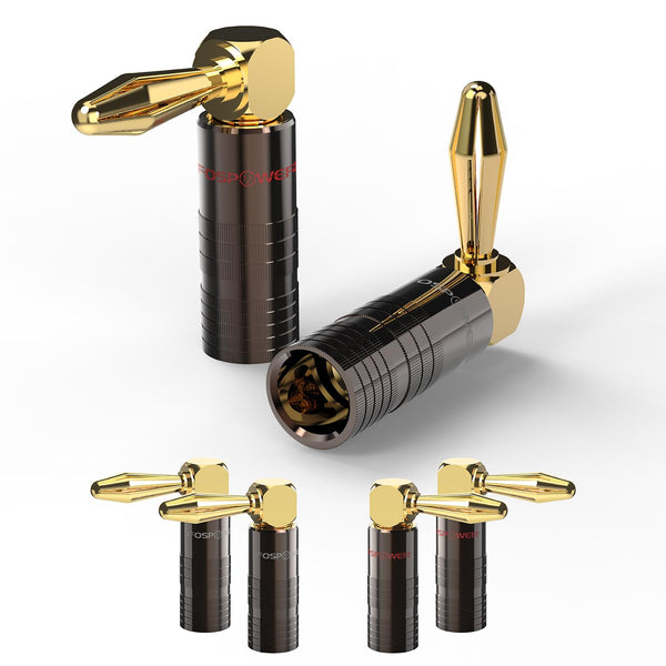 FosPower Right Angle Banana Plugs (6 Pairs / 12 pcs), 24K Gold Plated Speaker Plug Connectors for Home Theater