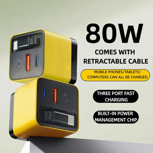 Silanit 3 1 Charger,80w 2 in GaN Fast Charger Adapter with Type-C Cable & USB Ports,Multi-Functional Retractable All