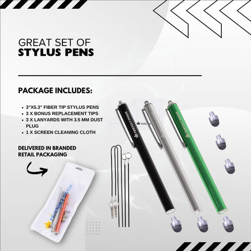 The Friendly Swede Micro-Knit Mesh Tip Capacitive Stylus Pens for Touch Screens with Replaceable Fiber Tip (3 Pack)