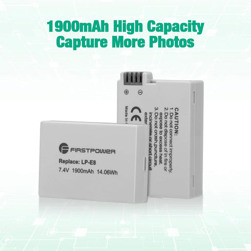FirstPower 2 Pack LP-E8 Batteries for Canon EOS Rebel T5i, T4i, T3i, T2i, 550D, 600D, 650D, 700D