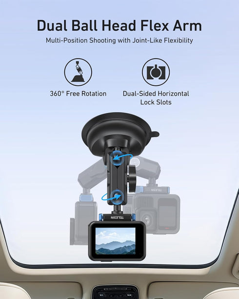 TELESIN 13 360 Suction Cup Car Mount for GoPro Strong Magnetic Base, Dual Ball Head Adjustable Arm, Easy Install Camera