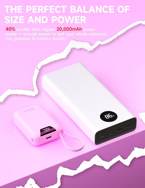 Gidues M2 20000mAh 35W Pack Portable Charger, Power Bank, PD Ultra Fast USB-C Built-in Cable, Compact Cute Mini
