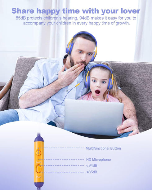 Kids Headphones Wired with Microphone for iPad, Computer, Laptop, Volume Limit, Foldable Over Ear Headset for School,