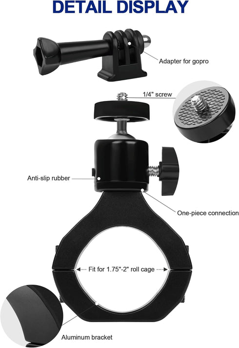 UTV Camera Mount for GoPro & More, Aluminum Bracket Fits 1.75"-2" Roll Cage on Polaris RZR, 360° Rotation UTV Camera