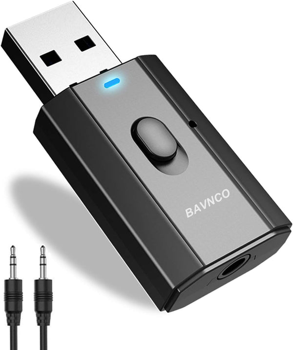 BAVNCO Bluetooth 5.0 Car Adapter, Mini Stereo Transmitter Receiver, Wireless 3.5mm Aux Jack Adapter for Car, Home