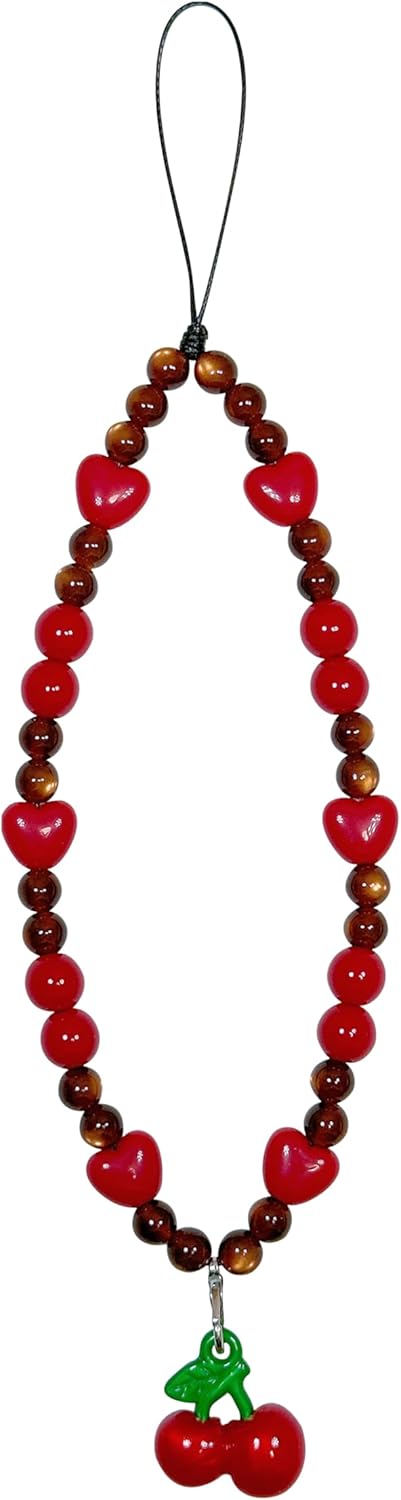 Drawwind Phone Charm Strap, Handmade Beaded Phone Lanyard Wrist Strap for Women Girls (Sweet Cherries)