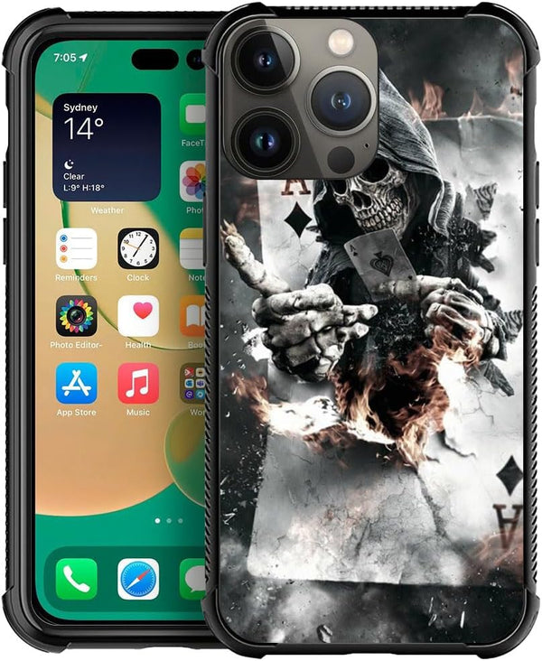 CARLOCA Skull Poker Graphic Design Phone Case for iPhone 15 Pro Max, Shockproof Anti-Scratch Protection
