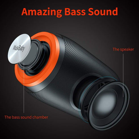 MusiBaby Bluetooth Speaker, Waterproof Wireless Outdoor Portable Speaker with Stereo Sound, Booming Bass, Bluetooth
