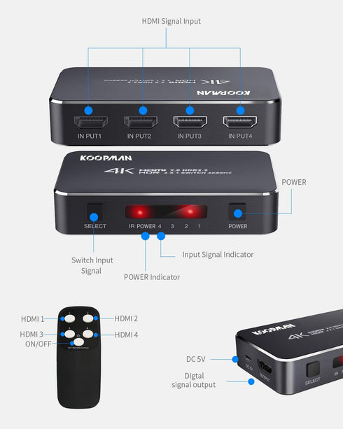 4K HDR HDMI Switch, Koopman 4 Ports 4K 60Hz HDMI 2.0 Switcher with IR Wireless Remote, Supports UltraHD Dolby Vision