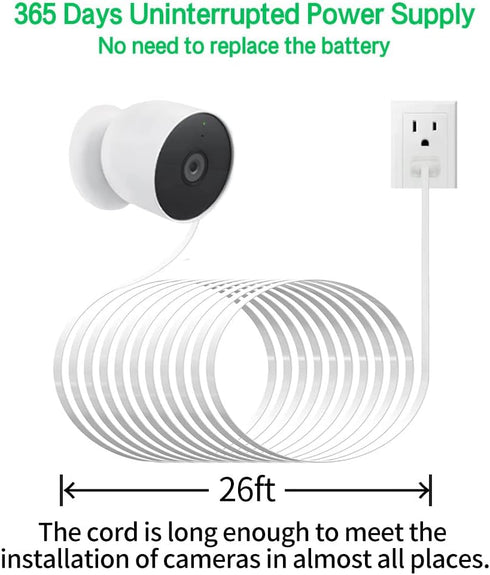 26FT Power Adapter and Cable for Google Nest Cam (Battery), Weatherproof Charger Cord for Outdoor/Indoor Use