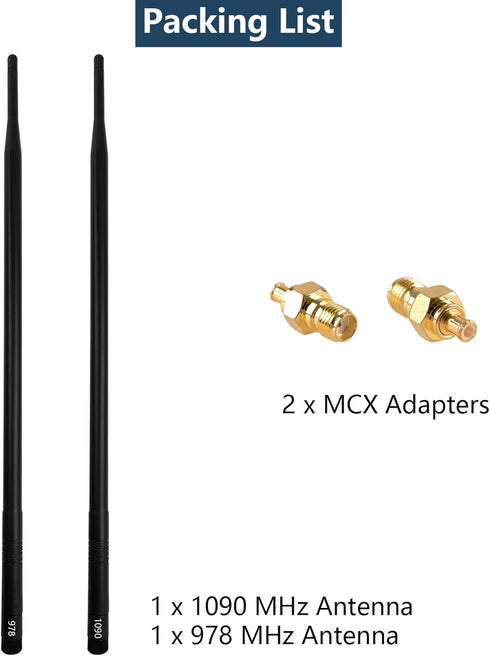 HzFitInc Set 1090MHz 978MHz 6.5dBi ADS-B Antenna Bundle - & High Gain Labeled Antenna with SMA Connector and MCX