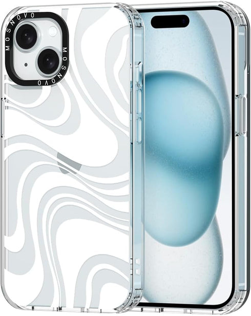 MOSNOVO iPhone 15 Case - Clear TPU Bumper, Shockproof, 6.6 ft Drop Impact, Anti Peel Off Tech, White Swirl Design, 6.1"
