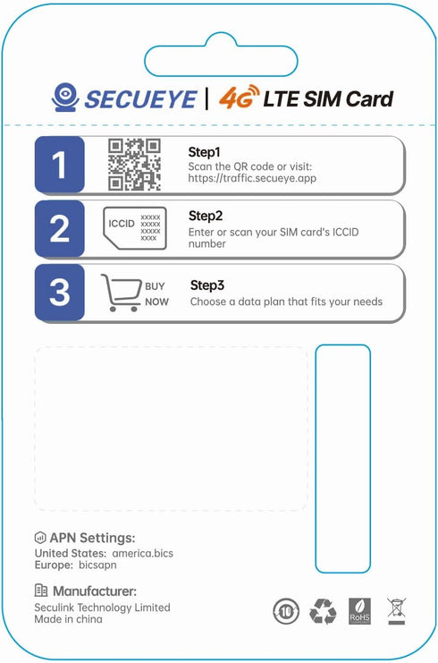 SECUEYE 4G/5G (200MB LTE SIM Card - Data Only - Prepaid No Contract USA Nationwide Coverage for Security Cameras
