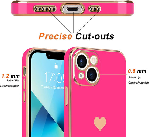 Teageo Compatible with iPhone 13 Case for Women Girl Cute Love-Heart Luxury Bling Plating Soft Back Cover Raised Full Camera Protection Bumper Silicone Shockproof Phone Case for iPhone 13, Hot Pink